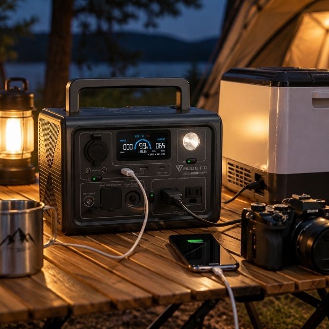 Portable power station running a small camping fridge and charging a phone