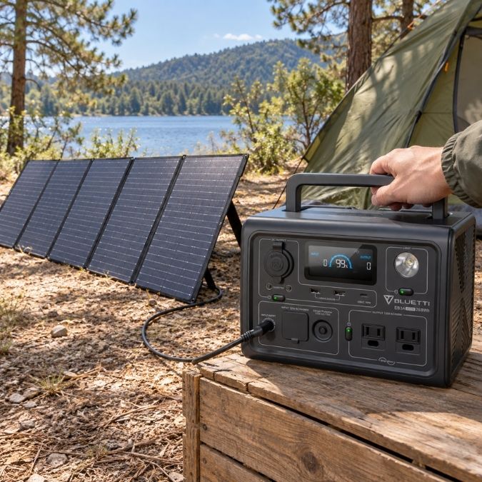 BLUETTI EB3A with a portable solar panel at an off-grid campsite