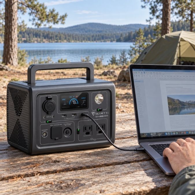 EB3A USB-C port charging a laptop at a campsite